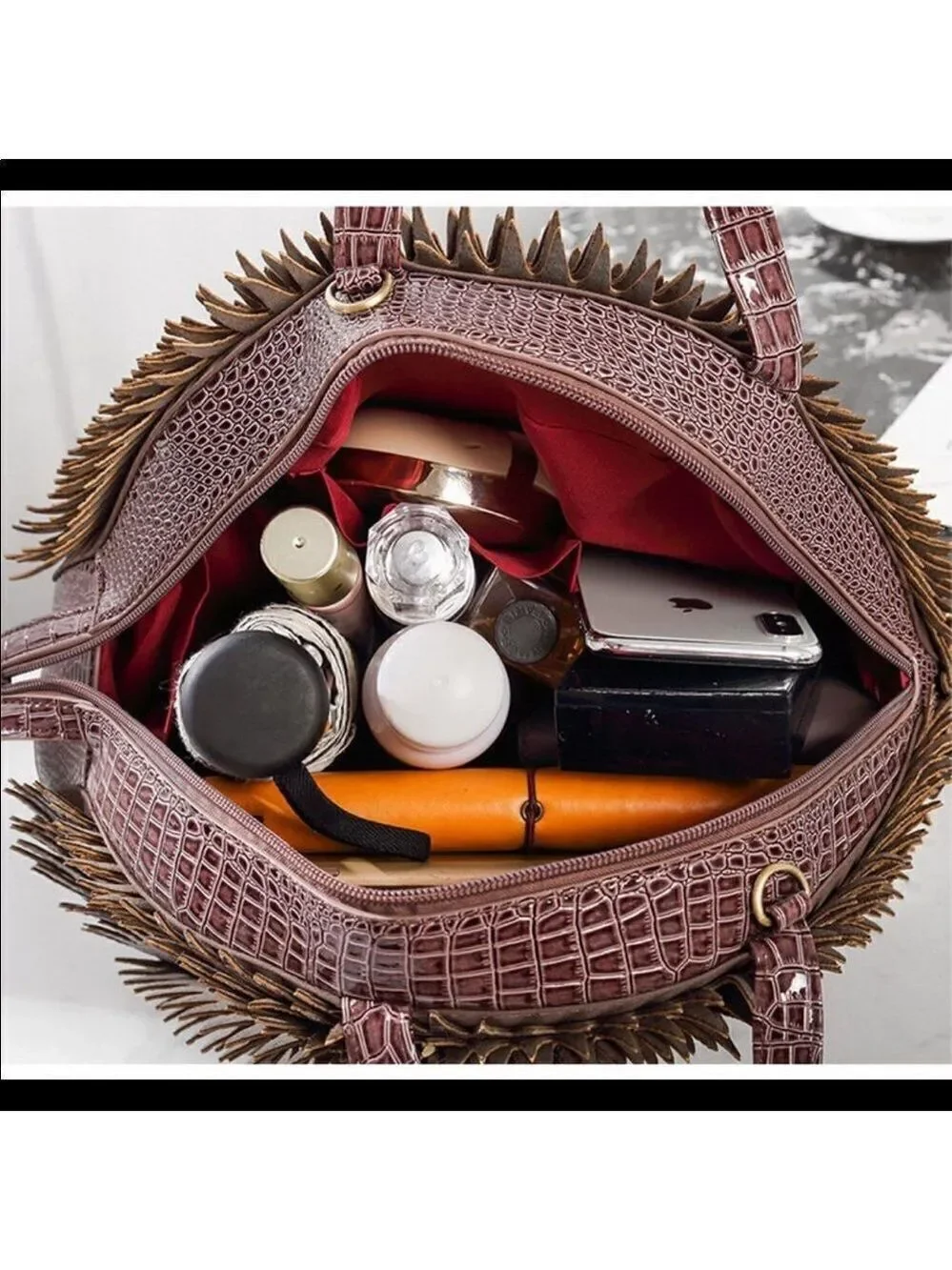 HEDGEHOG NOVELTY BAG PURPLE CROC EMBOSSED SATCHEL UNIQUE STATEMENT HANDBAG